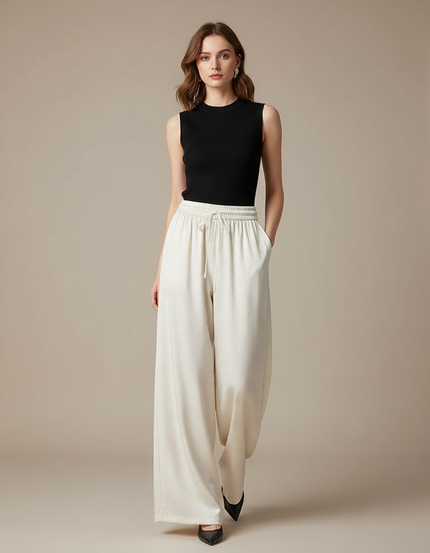 Pantalon Fluide Écru Ample Satiné Points Élégant - Beige