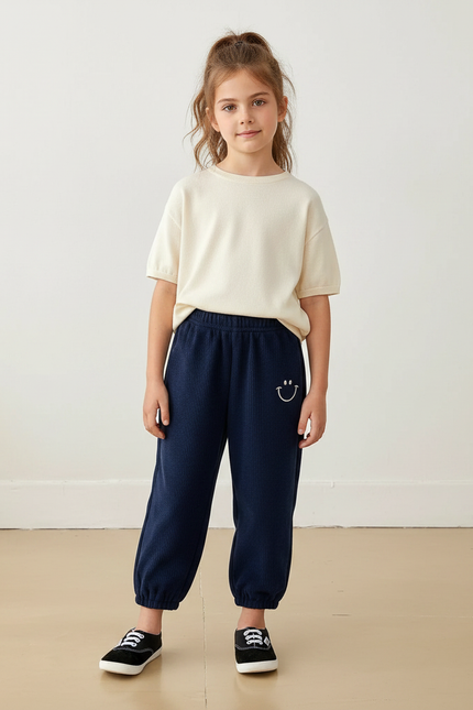 Pantalon Fluide Bleu Marine Côtelé Ample Décontracté Smiley - Cordé