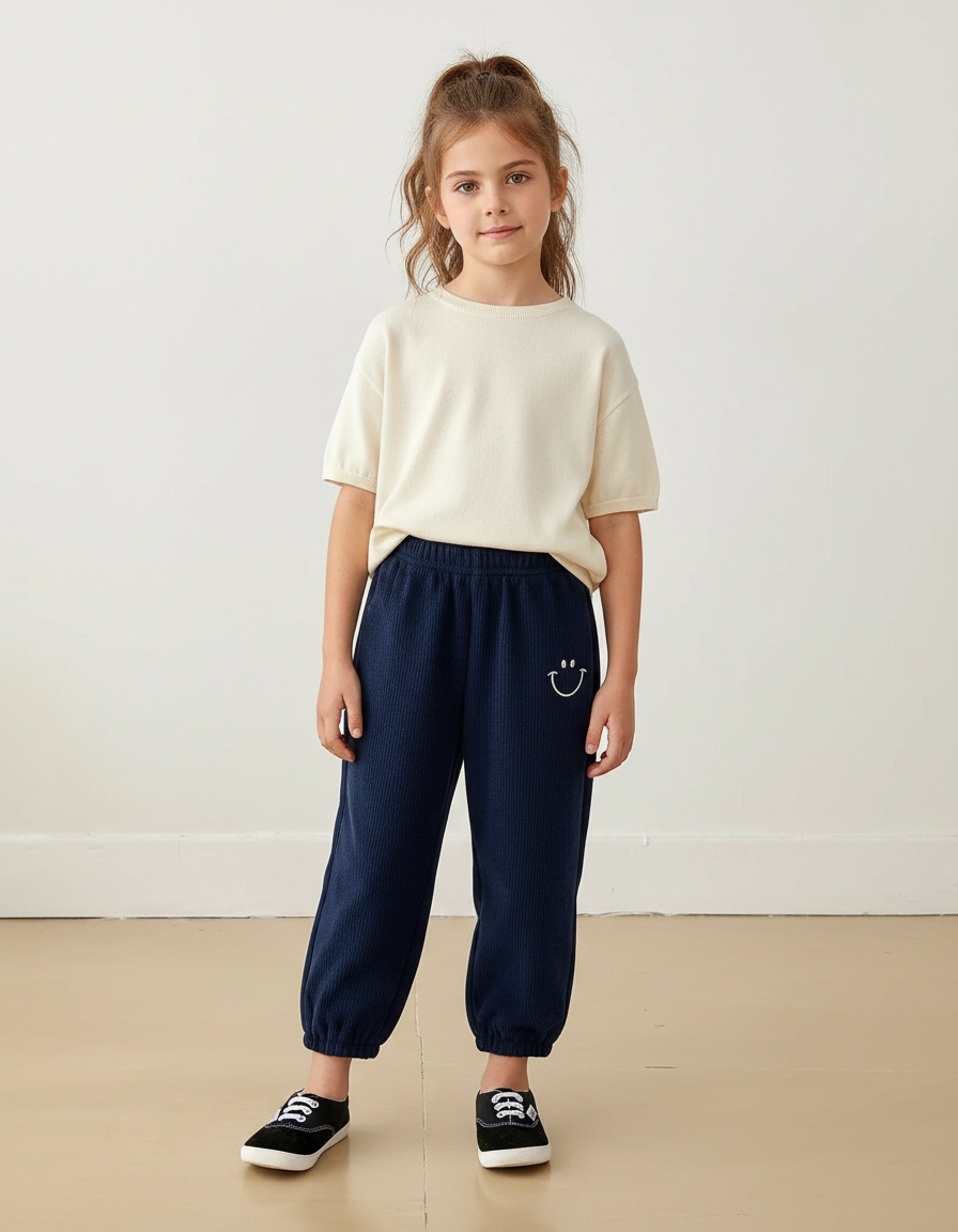 Pantalon Fluide Bleu Marine Côtelé Ample Décontracté Smiley - Cordé