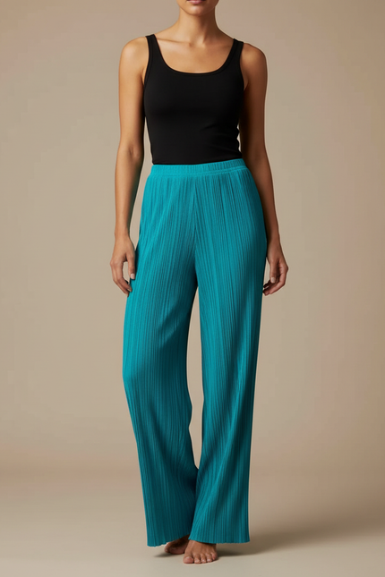 Pantalon Fluide Plissé Turquoise Ample Élégant Femme - Bleu Polyester