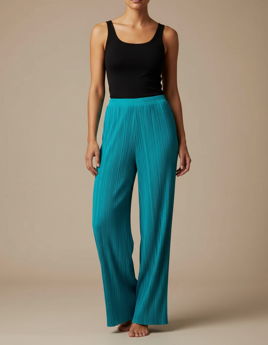 Pantalon Fluide Plissé Turquoise Ample Élégant Femme - Bleu Polyester