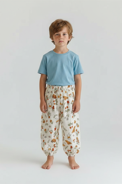 Pantalon Fluide Écru Imprimé Lapins Fleuris Ample Coton - Beige