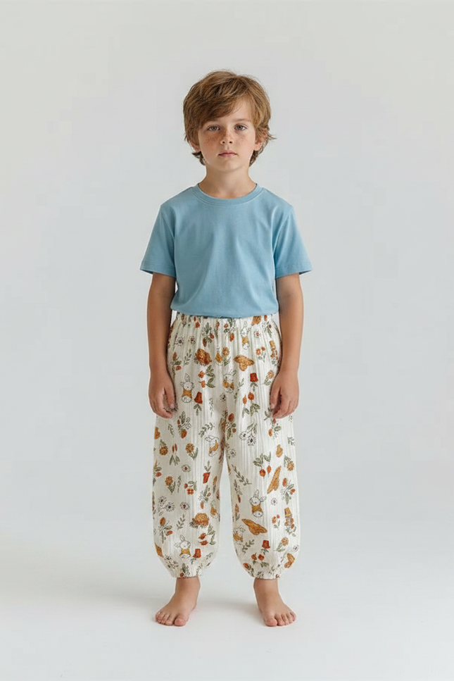 Pantalon Fluide Écru Imprimé Lapins Fleuris Ample Coton - Beige