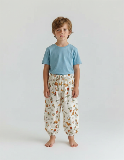 Pantalon Fluide Écru Imprimé Lapins Fleuris Ample Coton - Beige