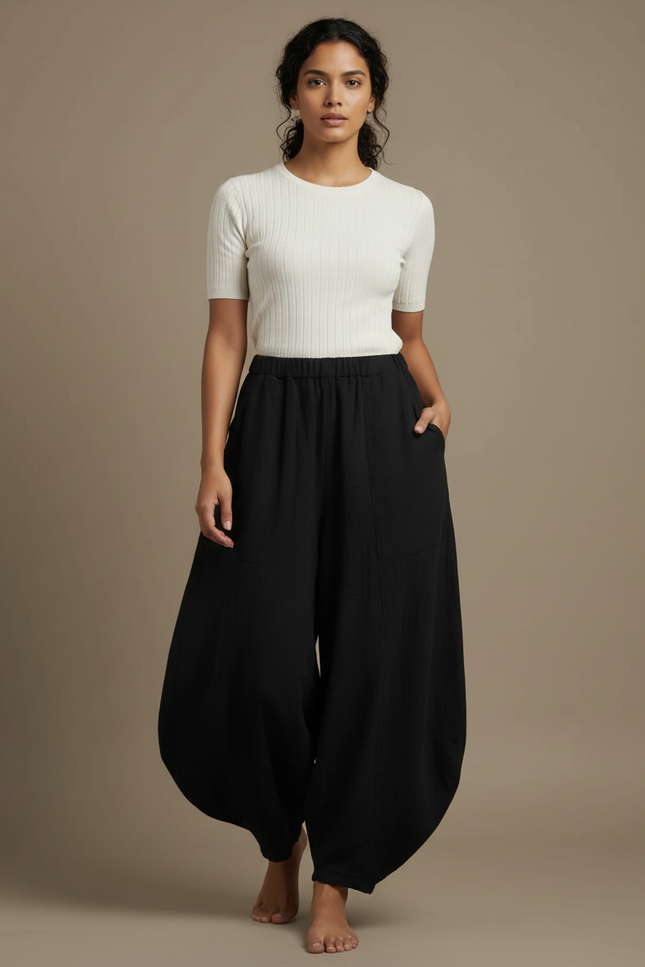 Pantalon Fluide Noir Ample Coton Élastique Femme