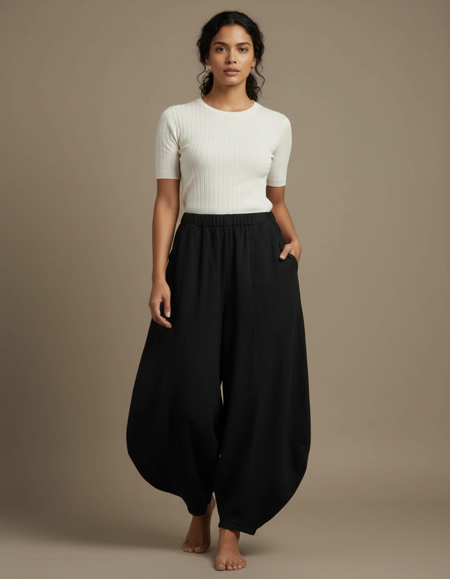 Pantalon Fluide Noir Ample Coton Élastique Femme