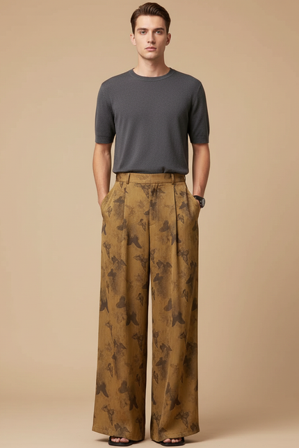 Pantalon Fluide Imprimé Papillons Ample Taille Haute Marron - Viscose