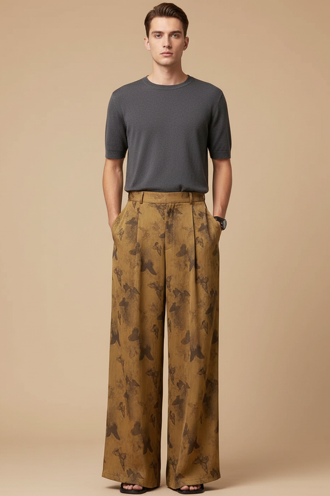 Pantalon Fluide Imprimé Papillons Ample Taille Haute Marron - Viscose