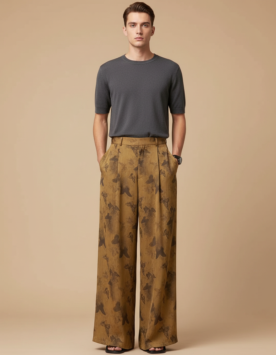 Pantalon Fluide Imprimé Papillons Ample Taille Haute Marron - Viscose