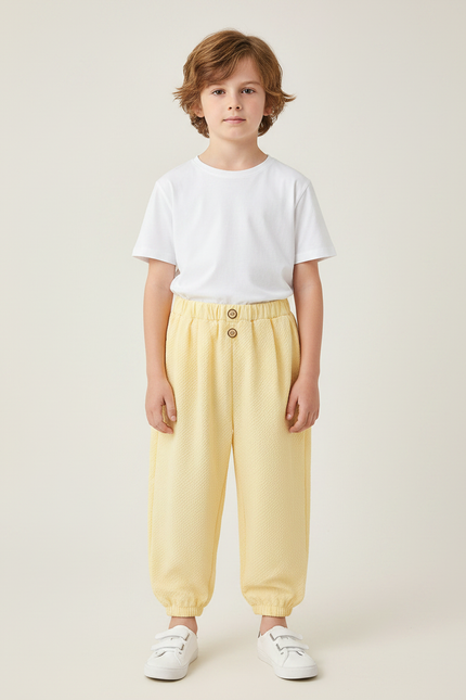 Pantalon Fluide Jaune Clair Texturé Ample Élastiqué Enfant - Maille