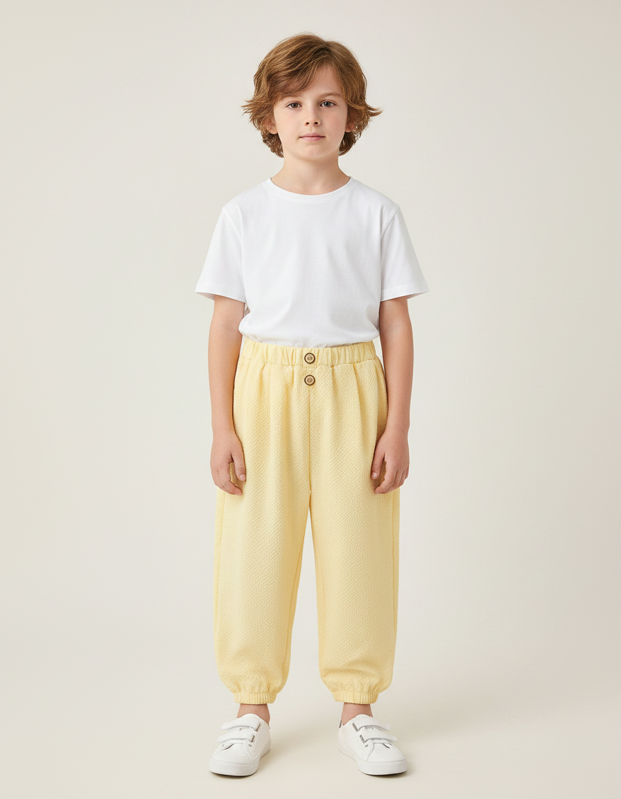 Pantalon Fluide Jaune Clair Texturé Ample Élastiqué Enfant - Maille