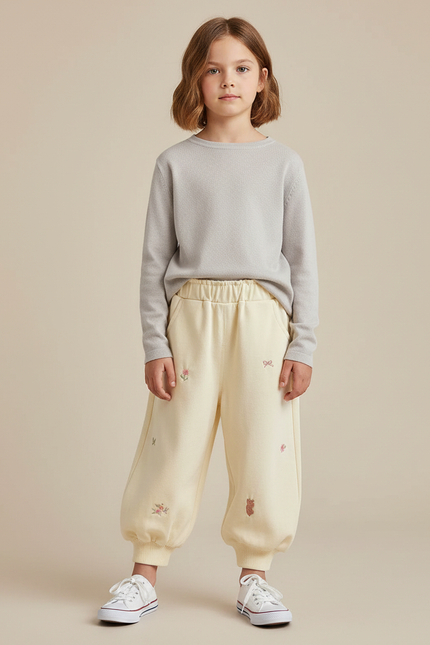 Pantalon Fluide Écru Brodé Ample Décontracté Enfant - Jaune Molleton