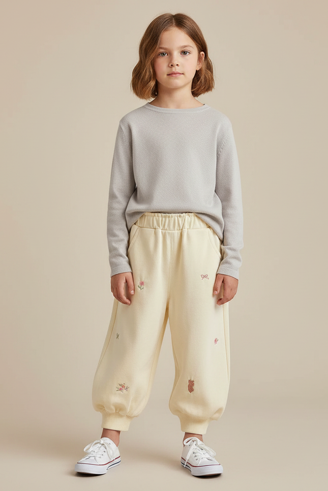 Pantalon Fluide Écru Brodé Ample Décontracté Enfant - Jaune Molleton