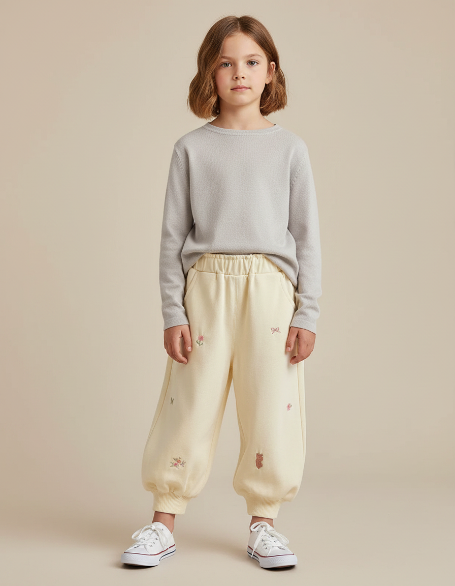 Pantalon Fluide Écru Brodé Ample Décontracté Enfant - Jaune Molleton