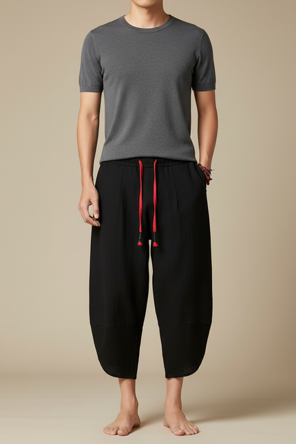 Pantalon Fluide Noir Ample Coton Décontracté Ethnique - Lin