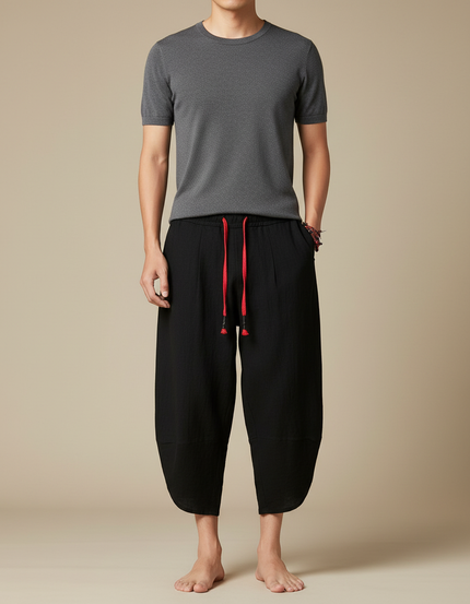 Pantalon Fluide Noir Ample Coton Décontracté Ethnique - Lin