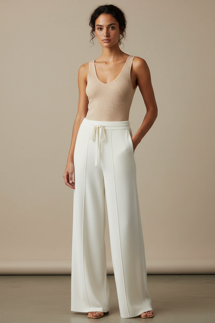 Pantalon Fluide Blanc Ample Maille Tricot Femme