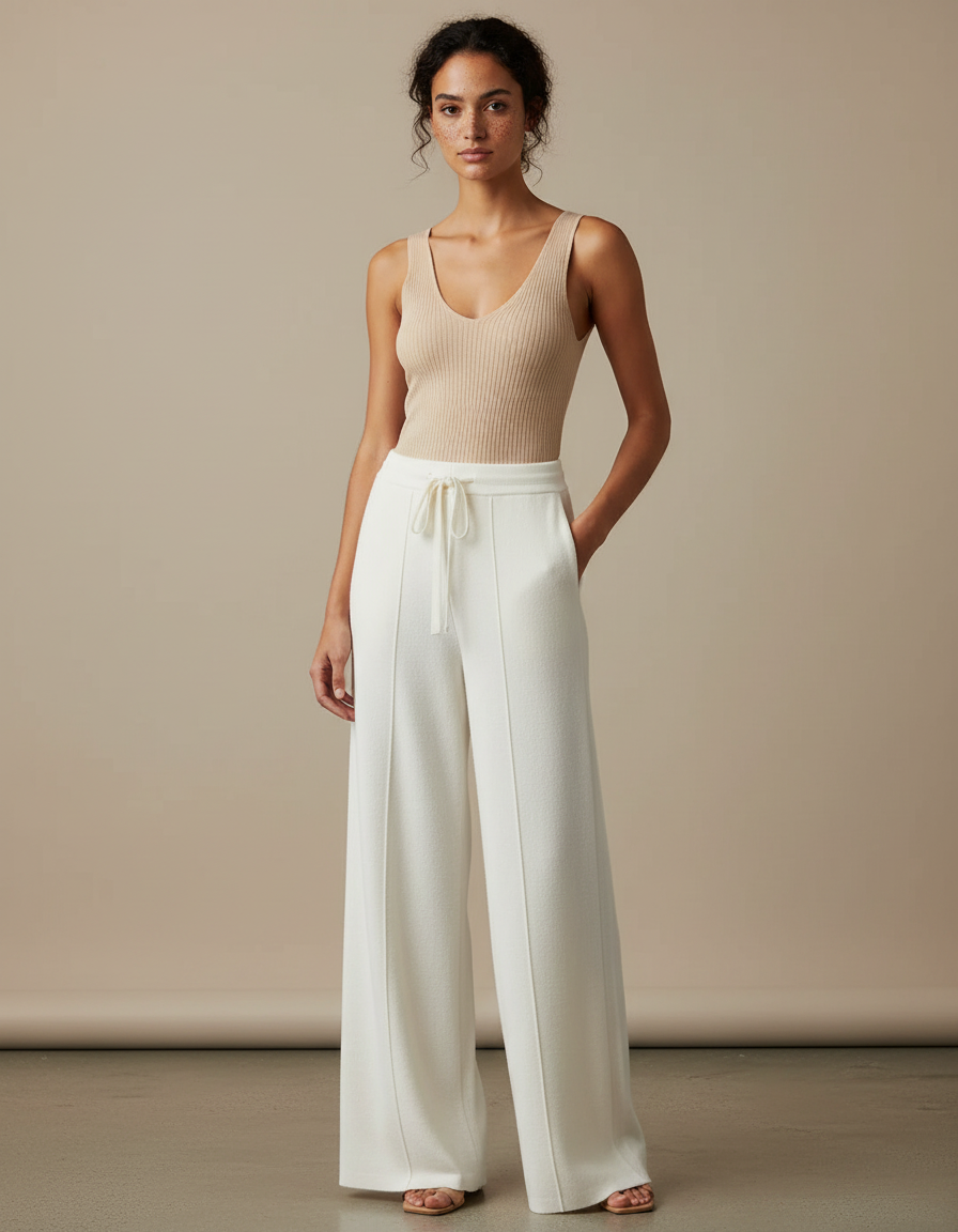 Pantalon Fluide Blanc Ample Maille Tricot Femme