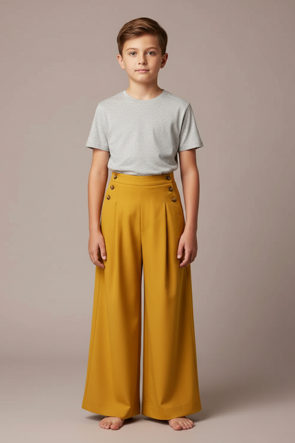 Pantalon Fluide Jaune Moutarde Ample Taille Haute Boutons - Viscose