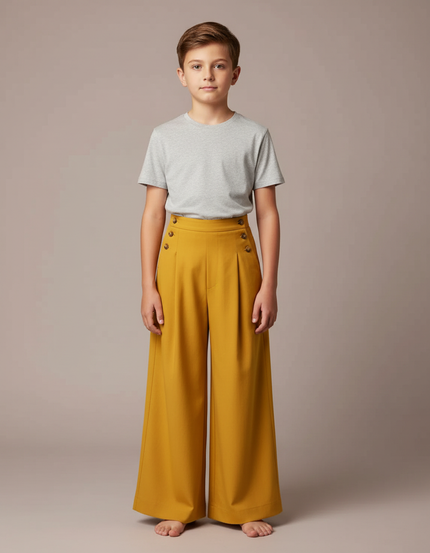 Pantalon Fluide Jaune Moutarde Ample Taille Haute Boutons - Viscose
