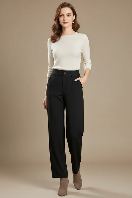Pantalon Fluide Noir Ample Boutonné Élégant Droit - Polyester