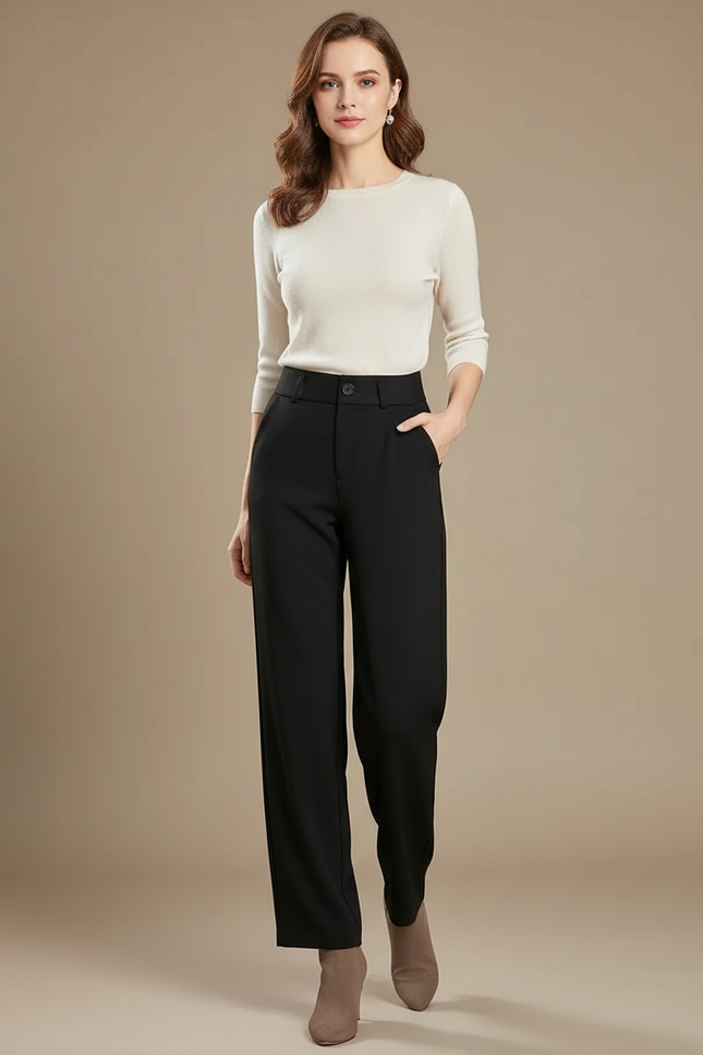 Pantalon Fluide Noir Ample Boutonné Élégant Droit - Polyester