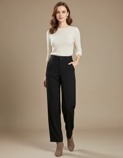 Pantalon Fluide Noir Ample Boutonné Élégant Droit - Polyester