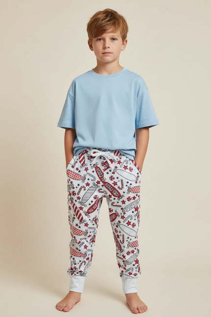 Pantalon Fluide Blanc Imprimé Noël Décontracté Garçon - Molleton