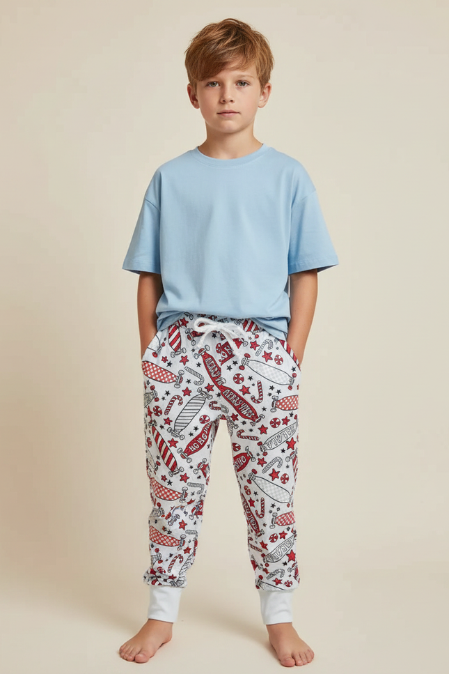 Pantalon Fluide Blanc Imprimé Noël Décontracté Garçon - Molleton