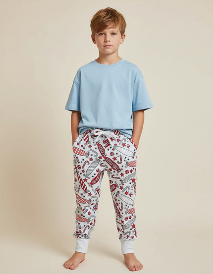 Pantalon Fluide Blanc Imprimé Noël Décontracté Garçon - Molleton