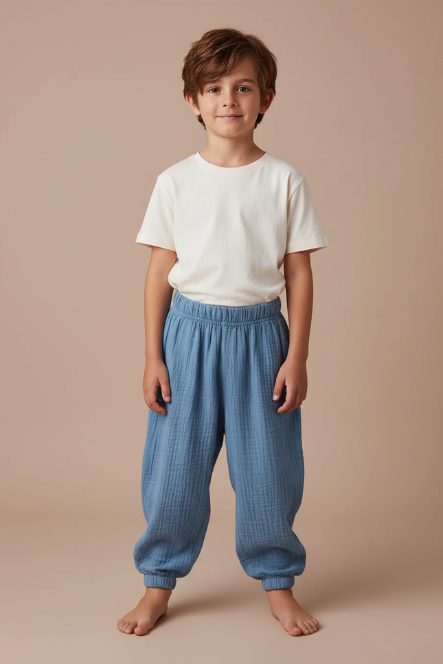 Pantalon Fluide Bleu Ciel Coton Ample Décontracté Enfant