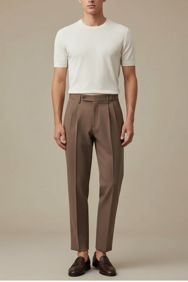 Pantalon Fluide Kaki Plissé Élégant Homme Décontracté - Marron Gabardine