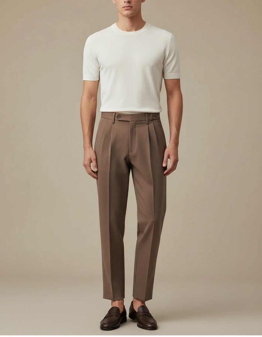 Pantalon Fluide Kaki Plissé Élégant Homme Décontracté - Marron Gabardine