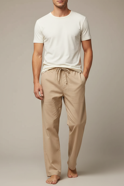 Pantalon Fluide Beige Coton Décontracté Ample Cordon