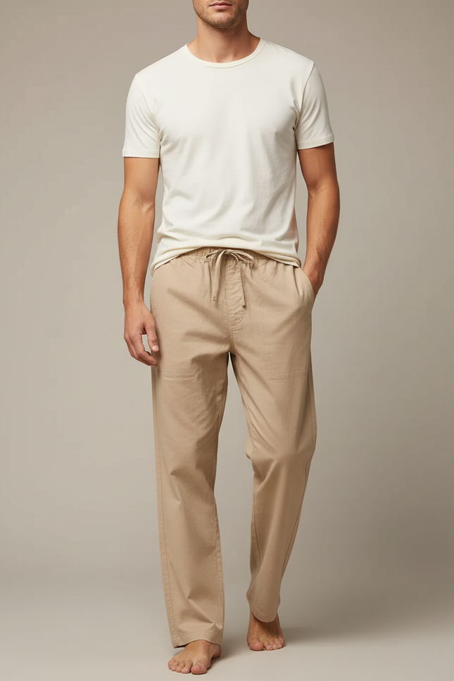 Pantalon Fluide Beige Coton Décontracté Ample Cordon