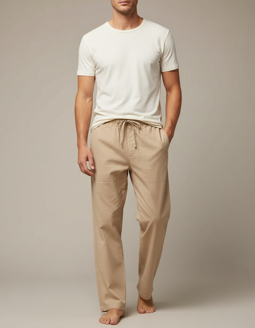 Pantalon Fluide Beige Coton Décontracté Ample Cordon