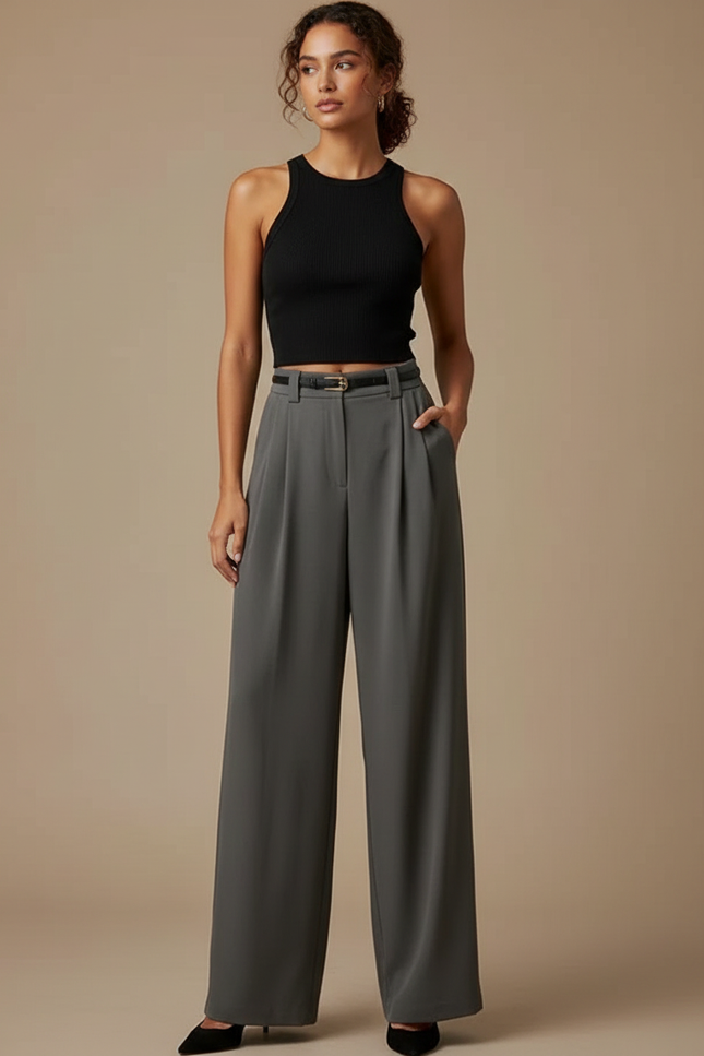 Pantalon Fluide Gris Ample Taille Haute Élégant Plissé - Polyester