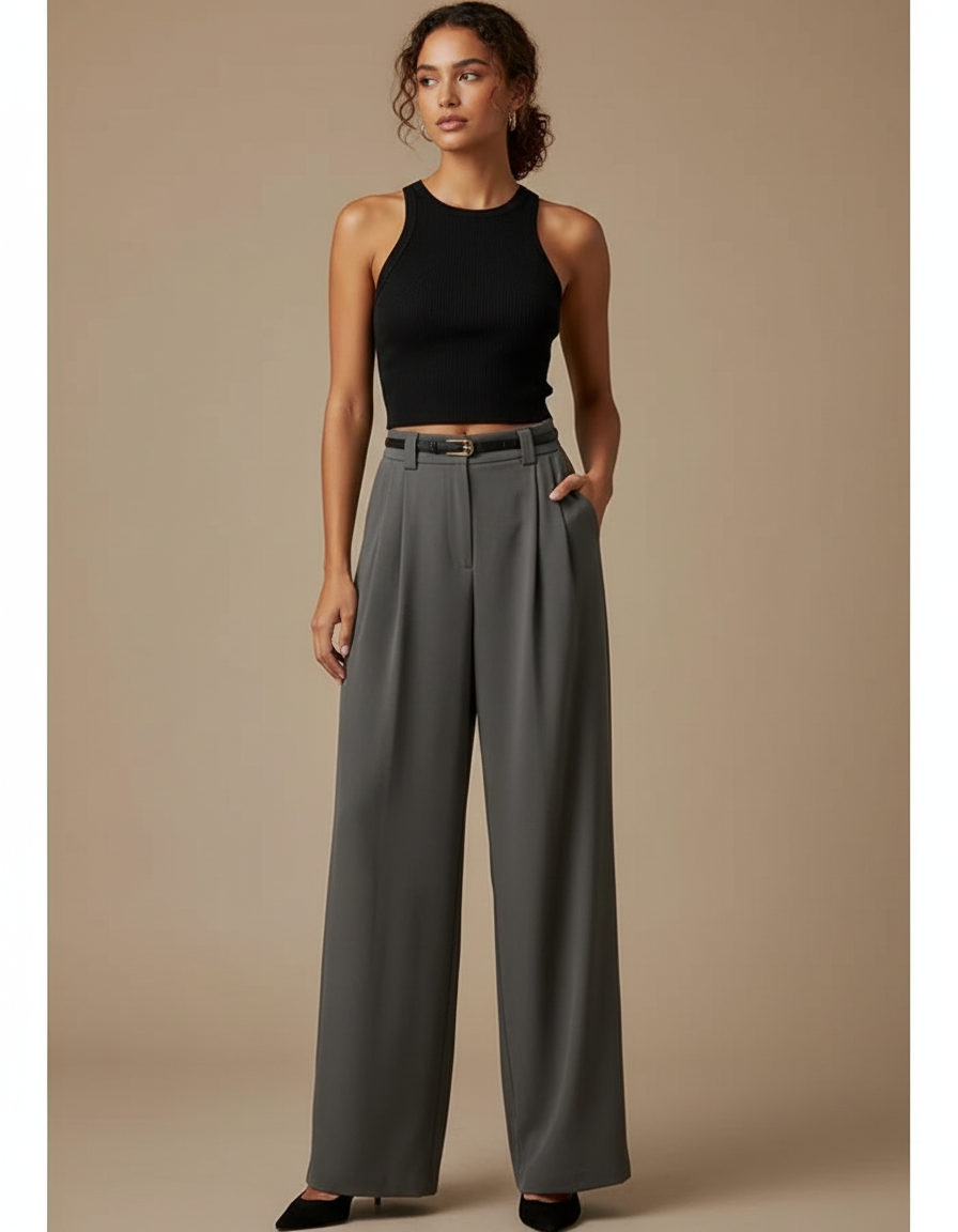 Pantalon Fluide Gris Ample Taille Haute Élégant Plissé - Polyester