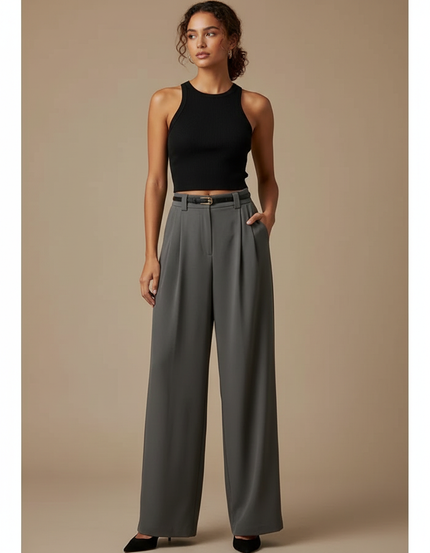 Pantalon Fluide Gris Ample Taille Haute Élégant Plissé - Polyester