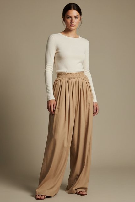 Pantalon Fluide Beige Ample Plissé Taille Élastique - Viscose