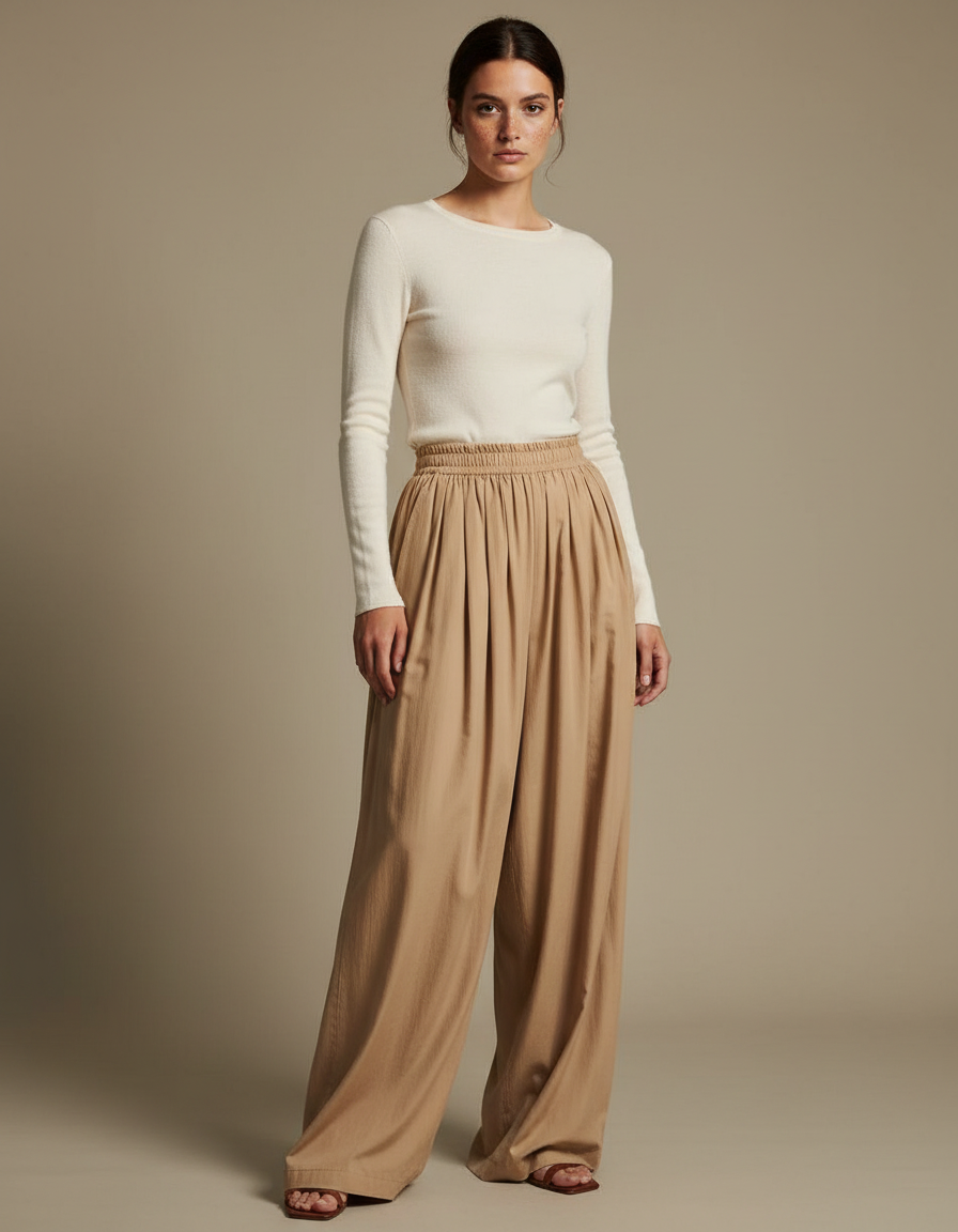 Pantalon Fluide Beige Ample Plissé Taille Élastique - Viscose