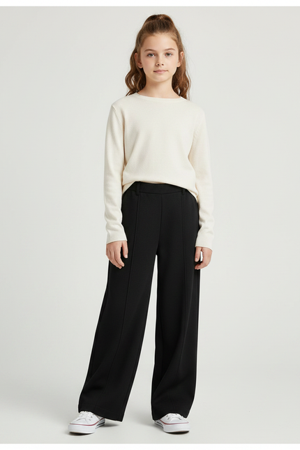 Pantalon Fluide Noir Ample Taille Haute Droit Élégant - Polyester
