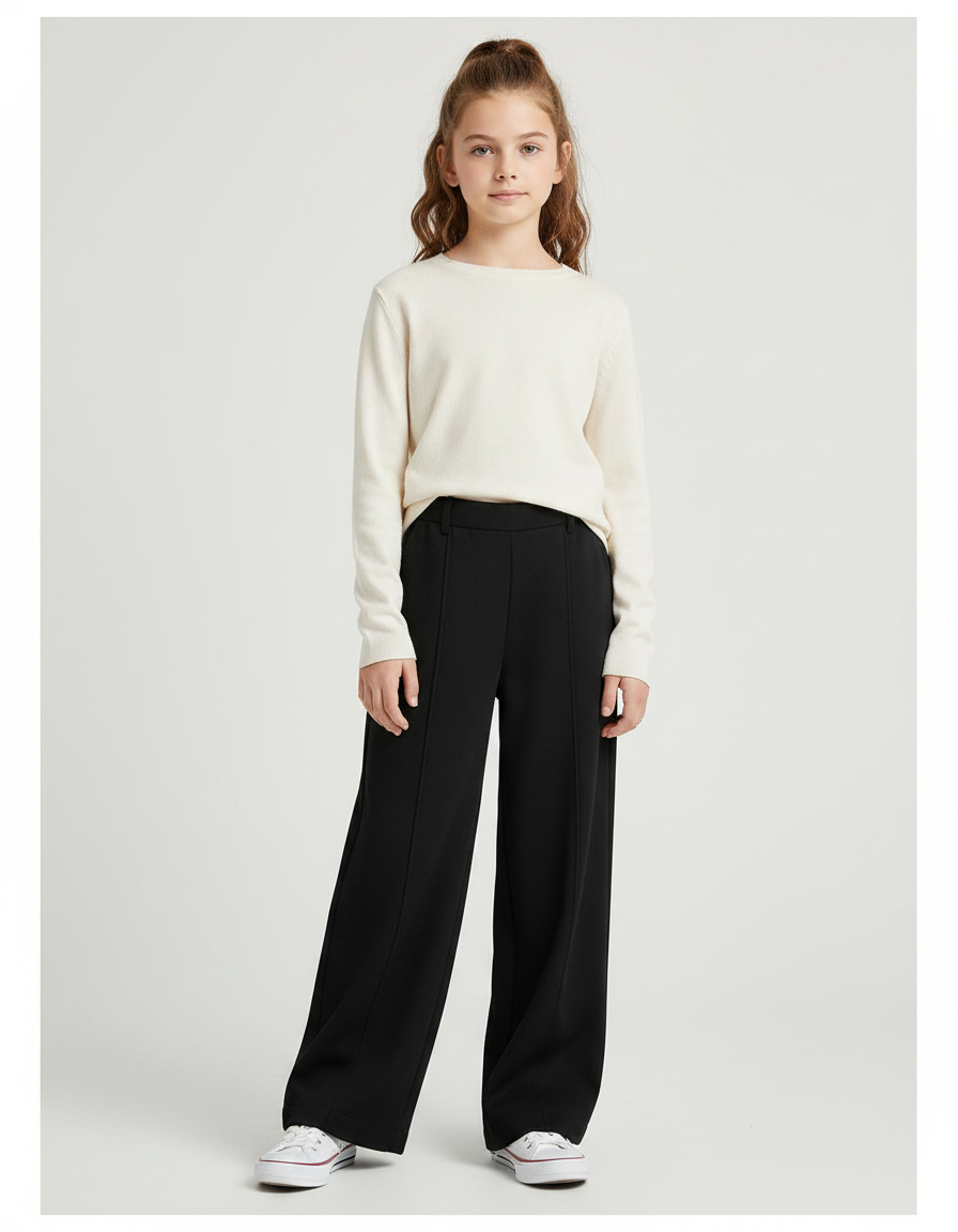 Pantalon Fluide Noir Ample Taille Haute Droit Élégant - Polyester
