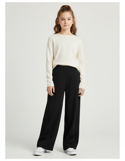 Pantalon Fluide Noir Ample Taille Haute Droit Élégant - Polyester