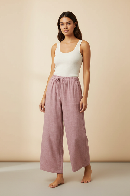 Pantalon Fluide Rose Ample Coton Quadrillé Femme