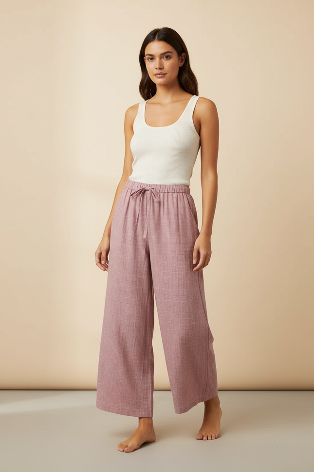 Pantalon Fluide Rose Ample Coton Quadrillé Femme