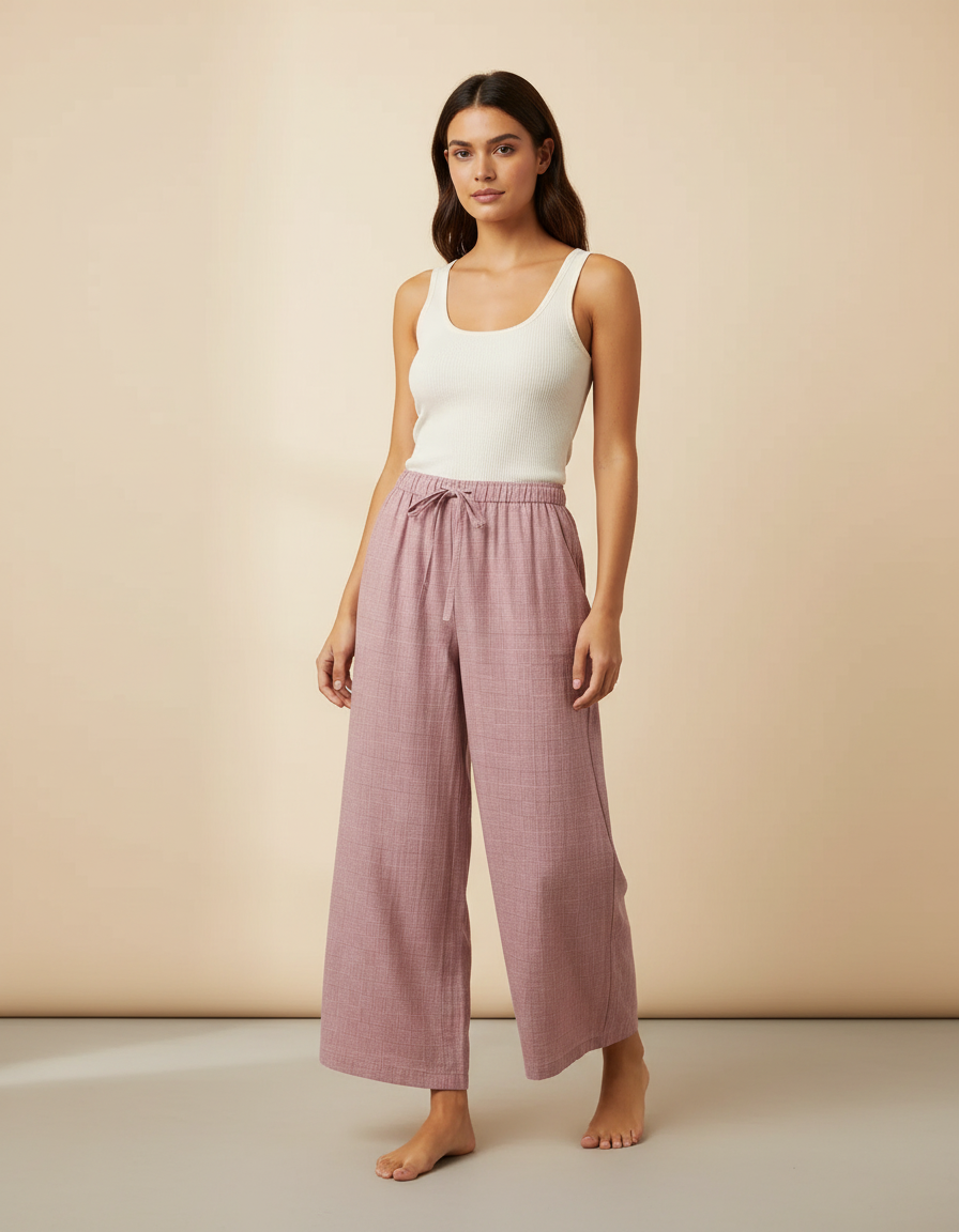 Pantalon Fluide Rose Ample Coton Quadrillé Femme