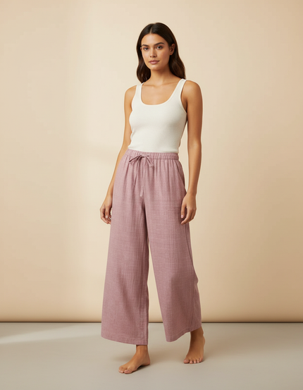 Pantalon Fluide Rose Ample Coton Quadrillé Femme