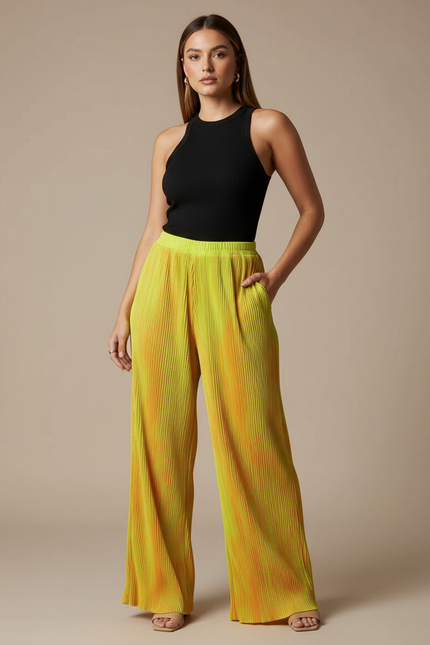 Pantalon Fluide Plissé Tie-Dye Ample Jaune Orange - Multicolore Polyester