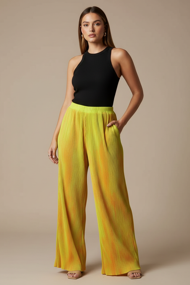 Pantalon Fluide Plissé Tie-Dye Ample Jaune Orange - Multicolore Polyester